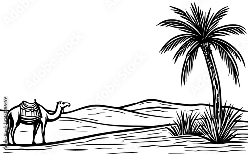 A serene atmosphere is created by the silhouette of a camel and palm trees against a desert landscape