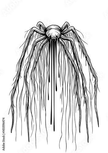 A striking black silhouette of a spider with an artistic design and dripping effect becomes a visually stunning image with intricate details