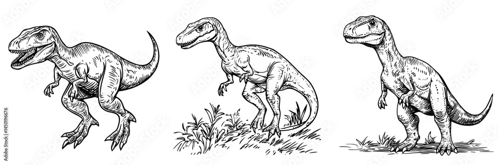 A modern cartoon depiction of a tyrannosaurus, an isolated beige dinosaur sketch of the prehistoric extinct animal, specifically a T-rex A modern cartoon depiction of a tyrannosaurus, an isolated beige dinosaur sketch of the prehistoric extinct animal, specifically a T-rex