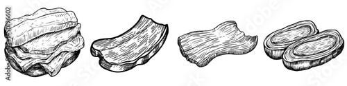 Modern isolated sketch icon of a slice of fresh bacon, pork smoked neck, and a fat meat piece
