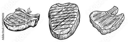 Modern grilled meat icon, barbecue steak sketch isolated, cooked beef or pork food