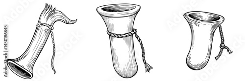 A hunting horn icon is depicted in a modern isolated style, showing an ivory horn on a lanyard along with hunting equipment and ammunition