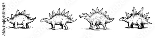 The Stegosaurus is depicted in isolation as a cartoon alongside a triceraptor that is grazing, while the modern kentrosaurus is a prehistoric predator animal