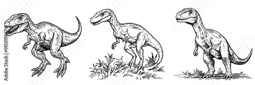 A modern cartoon depiction of a tyrannosaurus, an isolated beige dinosaur sketch of the prehistoric extinct animal, specifically a T-rex