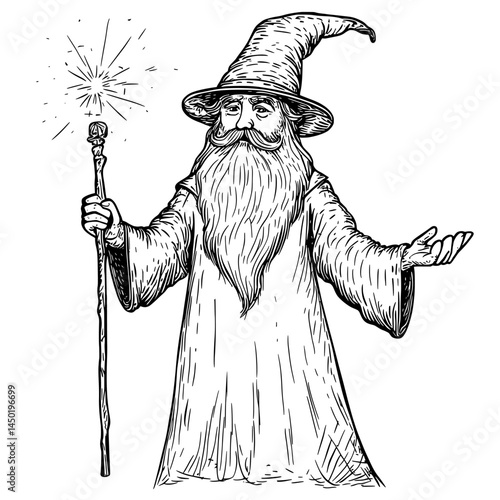 A modern, isolated Halloween character is depicted as a wizard icon, an elderly man with a scepter and flame