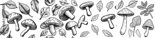 A seamless modern texture featuring hand-drawn autumn leaves, berries, and various mushrooms, including morel, chanterelle, bolete, and king trumpet, in a vintage fall season sketch
