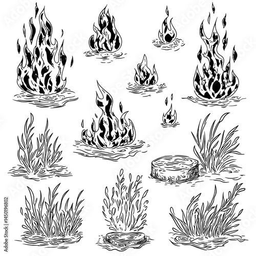 Modern animations feature isolated frames of fire animation, including flaming flames, fiery blazes, and animated blazing fire