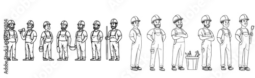 Industrial workers, including a professional technician and mechanical engineer wearing a helmet, are depicted in a modern cartoon illustration alongside a group of expert professionals