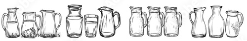 A 3D realistic modern set of glass jugs and pitchers in various sizes and shapes, including empty pitchers with handles and spouts, threaded jugs, and glossy glass vases, all isolated on a