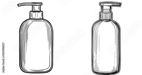 Modern 3D mockups of white plastic cosmetic containers featuring a bottle with pump dispenser are showcased, ideal for packaging shampoo, liquid soap, shower gel, hand cream, body lotion, or bath