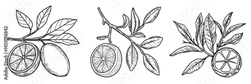 Bergamot oranges are a type of tropical exotic food, often depicted as a modern isolated icon, with the fruit itself being either half cut or whole, showcasing its juicy interior