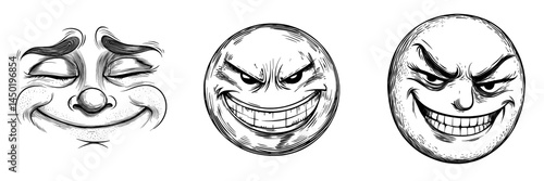 A wicked emoticon featuring an angry smile and an isolated psycho face represents a modern toothed maniac psychopath emoji