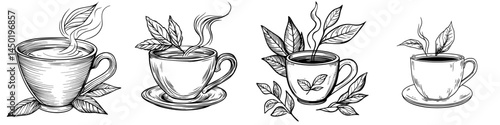 A cup of steaming green tea is an isolated drink made from herbs, representing a modern herbal beverage with fresh leaves