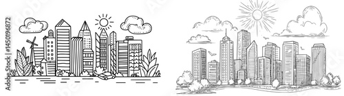 Illustration of a modern urban cityscape with a focus on city architecture, skyscrapers, buildings, and a town landscape under a sunlit cloudy sky