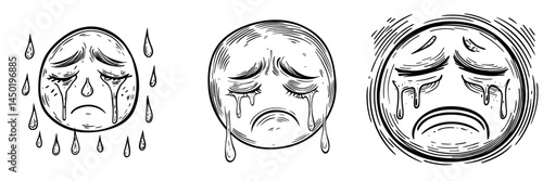 A cartoon face with tears, represented as a crying emoticon, is shown in isolation, symbolizing a modern unhappy emoji that conveys sorrow