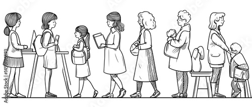 The illustration showcases women across multiple age groups, specifically a baby, young girl, adult European woman, and elderly grandmother, in a modern isolated cartoon setting