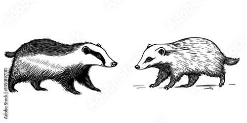European badger represents an isolated wildlife animal, characterized as a modern short-legged omnivore and also a cartoon character in a forest setting