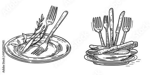 The image of a spoon and fork on a plate, with modern utensils and dishware isolated, makes for a cafe or restaurant logo