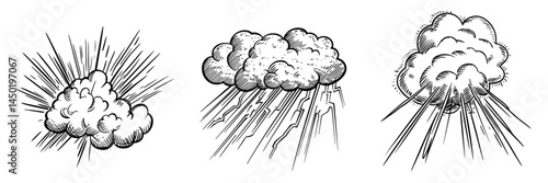 A modern symbol of a boom or puff, with an isolated comic burst sign, represents a cloud with thunder and lightnings