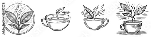 Modern herbal hot drink with citrus fruit and garden herbs forms a creative logo with tea and lemon