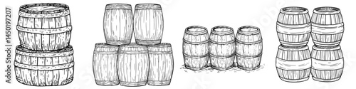 A wooden cask containing an alcoholic beverage is shown isolated alongside oak tanks in a sketch, which also features modern barrels filled with wine, beer, rum, or whiskey