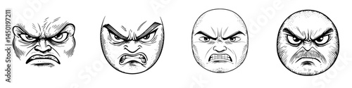 A hurried and suspicious emoticon is depicted in isolation with an angry smiley shown from the side, representing a modern comic irritated face emotion