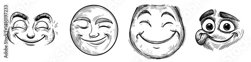 A cheerful cartoon face is depicted as a modern icon, characterized by a wide smile and a facial emoji that represents a humorous emotion