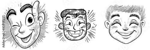 A cartoon smiling face is depicted as a funny modern emoji with a wink eye and smile mouth, conveying a happy facial expression of positive feelings and a cheerful cute character isolated on white