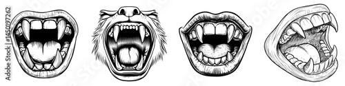 The modern icon of a vampire mouth with fangs is a cartoon of open female red lips with long pointed teeth and bloody saliva dripping, expressing emotion through monster jaws that roar or yell,