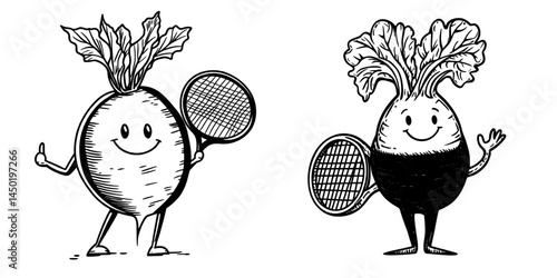 A cartoon radish vegetable is depicted with a hoop, showcasing a modern and humorous sportsman character engaging in a workout with various sport exercises