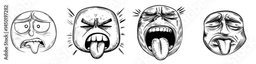 A modern cartoon face icon is depicted as a tired and forworn Halloween monster, a funny creature with sad eyes and a forked red tongue in a toothy mouth, conveying an unhappy emotion