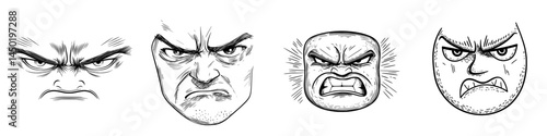 The modern icon is a cartoon face emoji characterized by angry eyes and gnashed teeth, conveying negative emotions and angry feelings through its toothy mouth, set against a white background