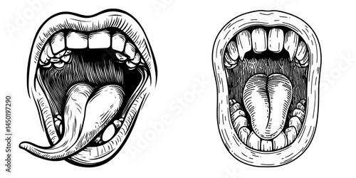 A modern icon of a vampire or monster mouth with fangs is depicted, showcasing open scary jaws with long pointed teeth and gooey saliva dripping from the tongue