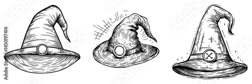 A modern cartoon witch hat icon is depicted, featuring a brown magician's hat with a gold round buckle, polka dots on the wavy crown, and folded brims, isolated on a white background for Halloween