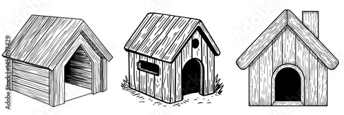 A realistic icon of a doghouse is depicted as an isolated wooden structure, complete with a roof and a bone above the entrance, serving as a modern home for dogs