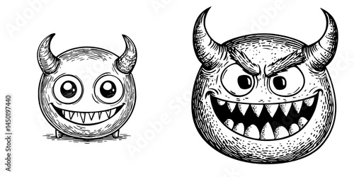 The image of a smiling modern emoji cartoon devil face features a demon with red horns, showcasing a gloating smile emotion with angry eyes and a toothy laughing mouth, all on a clean white