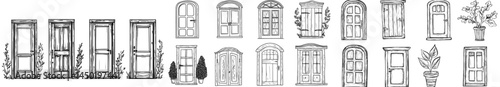 A set of modern door designs featuring cartoon vintage houses with wooden doorways, glass windows, and framed entrances equipped with doorknobs
