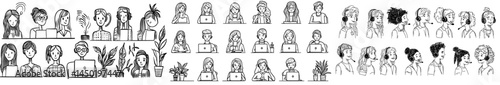 Portrait of a customer support worker, a call center operator, represented by a round avatar for hotline contact and support, alongside a team of operators for calls, telemarketing, or consulting, as
