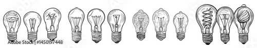 Modern cartoon icons include lightbulbs and lamps in various styles and designs, isolated for use