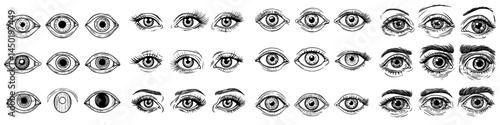 A collection of modern icons featuring eyeballs, watching eyes, and ophthalmic lenses outlined in black pictograms of eyesight or looking eye lines