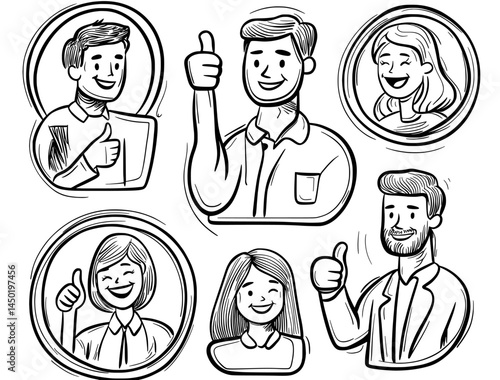 The facehole is occupied by people, and surprised onlookers are visible through round holes, window apertures, and a thumb is pointing out of a round hole, comprising a set of modern isolated cartoon