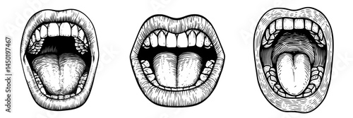 The modern icon of a vampire mouth with fangs is a cartoon image of open scary jaws with long pointed teeth and gooey saliva dripping