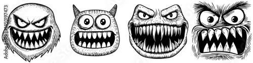 A modern, isolated monster face icon represents cartoon emotion, characterized by a Halloween creature with creepy, squinted eyes and a mouth full of sharp teeth, resembling an alien or angry ghost,