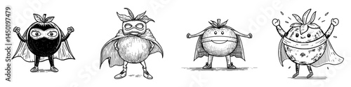 A cartoon tomato superhero stands alone as a modern icon, depicted as a humorous vegetable wearing a cloak and mask with its arms akimbo, symbolizing a fairytale character who promotes healthy food