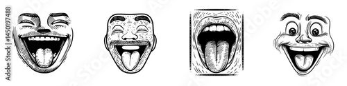 A cartoon face with a stunned smile emoji represents a modern facial expression, characterized by slanting eyes, an open toothy mouth, and a sticking tongue, symbolizing crazy character and positive