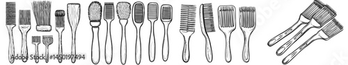 Realistic modern hair care equipment, including hairbrushes and combs, are showcased as a set isolated on a transparent background, featuring various 3D combs and professional hairdresser accessories