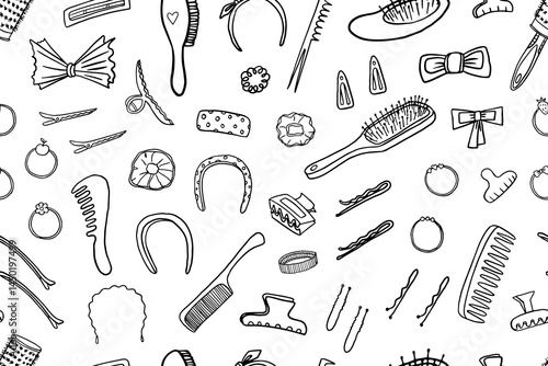 Seamless pattern of elastic bands and hair clips, hair combs in doodle style. Hairdressing tools. Hairpin, invisible, comb, hair brush, massage comb. Salon. Stylist. Beauty saloon. hand drawn