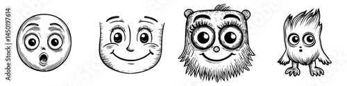 The cartoon face is isolated and modern, displaying a delighted smile as a facial emoji, depicting a funny kawaii character with a happy emotion