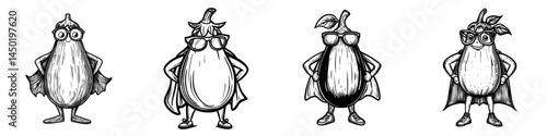 A cartoon eggplant superhero stands alone as a modern icon, depicted as a humorous vegetable wearing a cloak and mask with its arms akimbo, symbolizing a fairytale character who promotes healthy food
