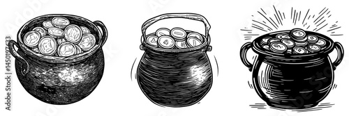A modern icon featuring a pot of gold, symbolizing a leprechaun's treasure, is depicted as a cauldron filled with golden coins on a white background, representing an isolated Irish St. Patrick's Day
